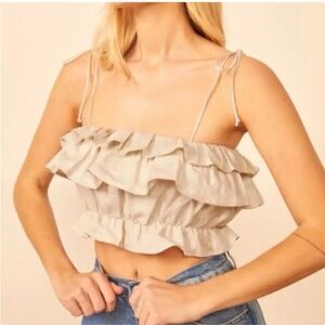 Aqua Beige Ruffle Tie-Shoulder Crop Top